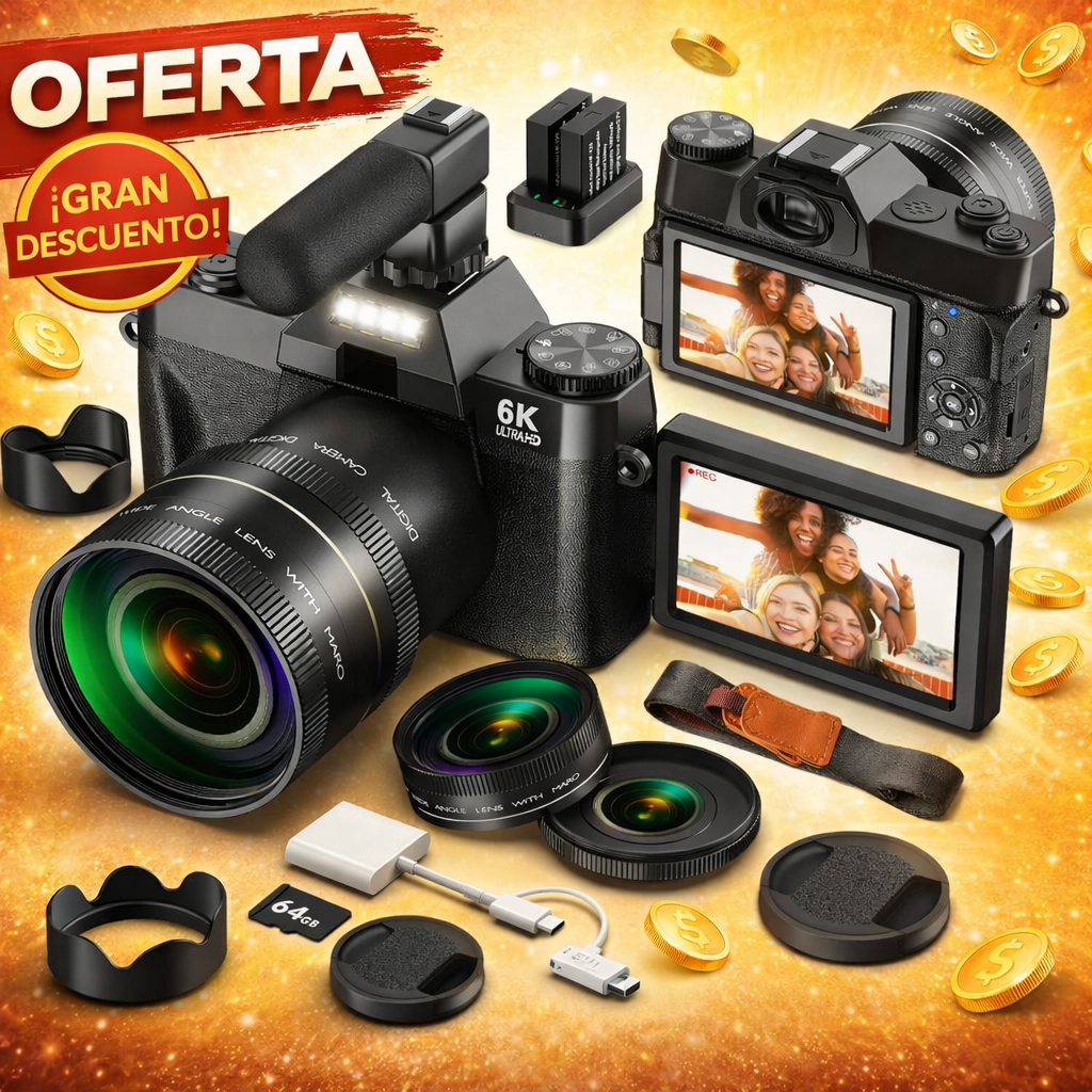 Oferta de cámara digital 6K con accesorios y fondo promocional en tonos dorados