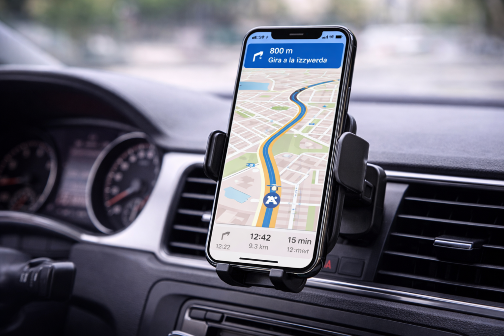 soporte móvil coche universal con smartphone usando GPS en rejilla